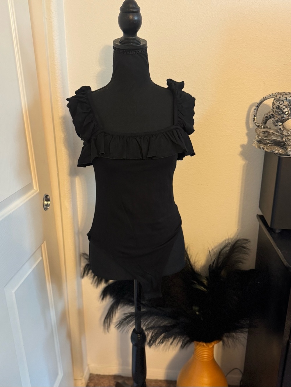 Black Ruffle Square-Neck Women's Top